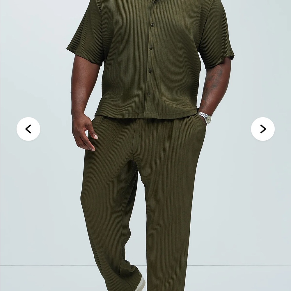 Men's Olive Green Pleated Button Down Shirt and Pants